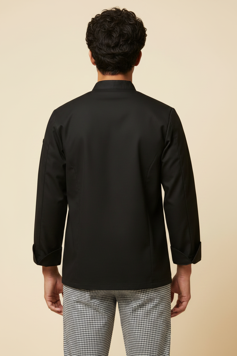 Traditional Chef Coat in Black Fineline Twill with Black Stud Buttons