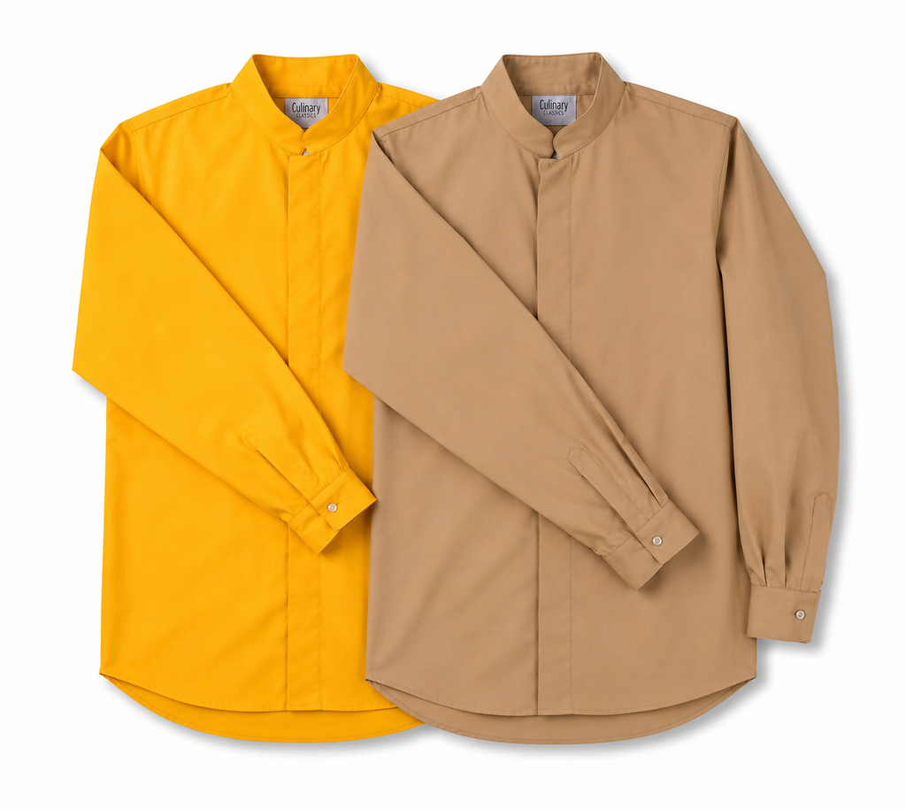 Two long-sleeve button-front shirts with a band collar, shown overlapping on a white background. The shirt on the left is bright yellow, and the shirt on the right is tan.