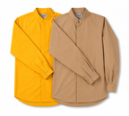 Two long-sleeve button-front shirts with a band collar, shown overlapping on a white background. The shirt on the left is bright yellow, and the shirt on the right is tan.