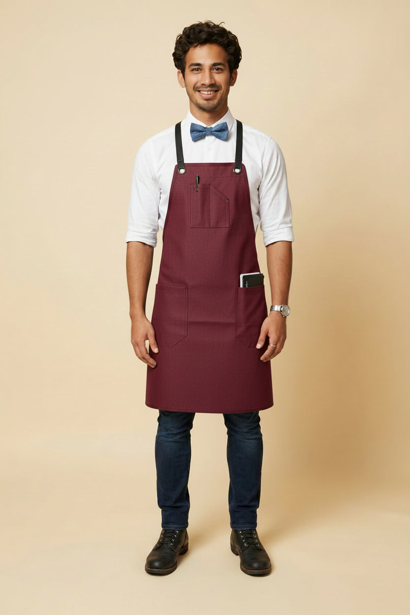 Dearborn Cross-Back Bib Apron Burgundy Trim Black