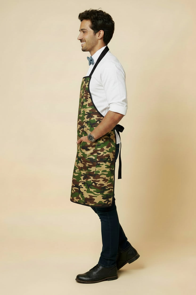 Dearborn Cross-Back Bib Apron Camo Trim Black