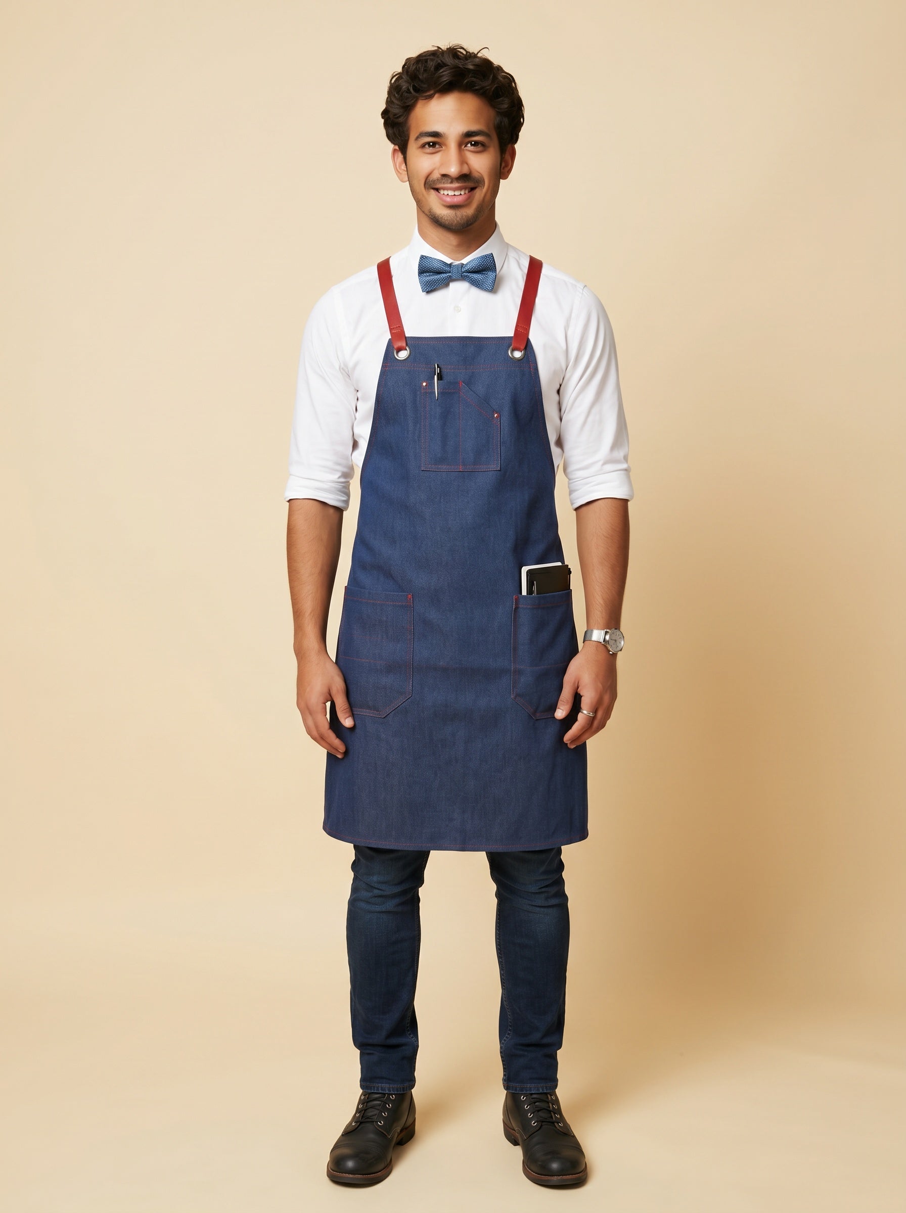 Dearborn Cross-back Bib Apron Navy Trim Red