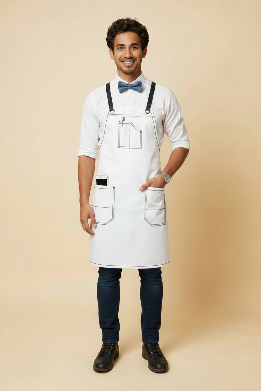 Dearborn Cross-Back Bib Apron White Trim Black