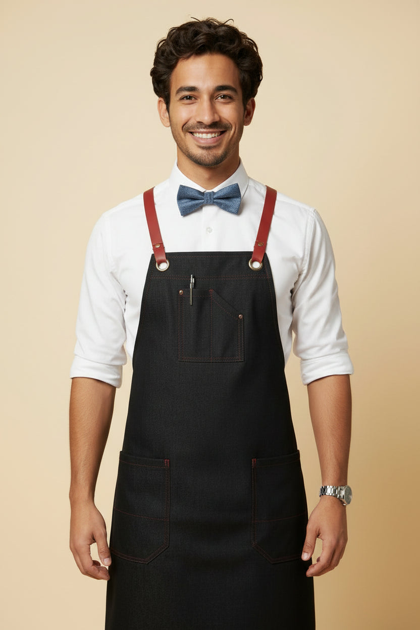 Dearborn Cross-back Bib Apron Black Trim Red