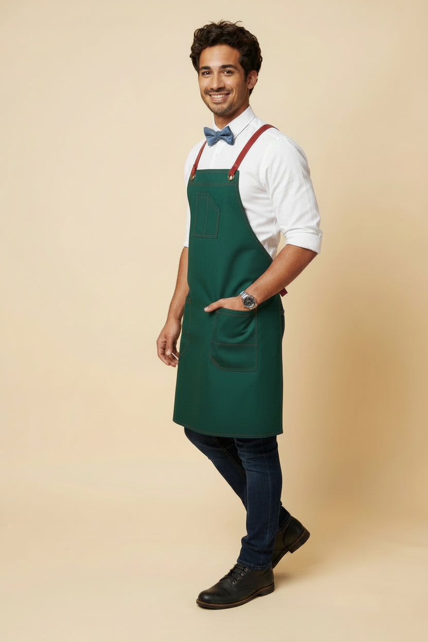 Dearborn Cross-back Bib Apron Hunter Green Trim Red