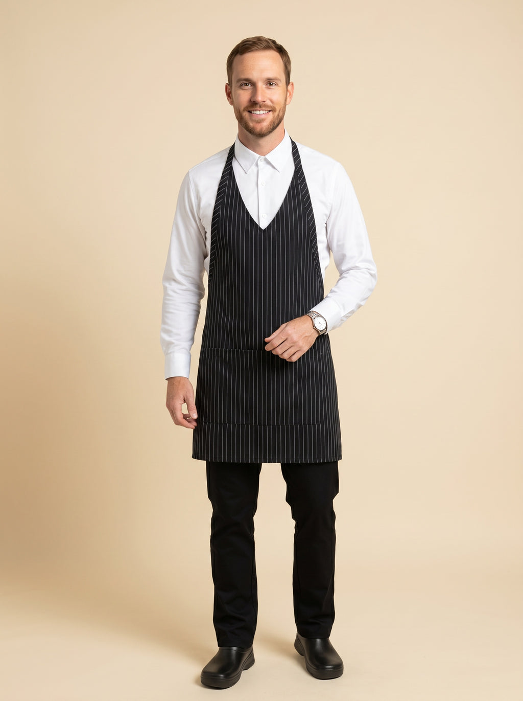 Standard V-Neck Apron with Split Pocket – UC3005 Pinstripe