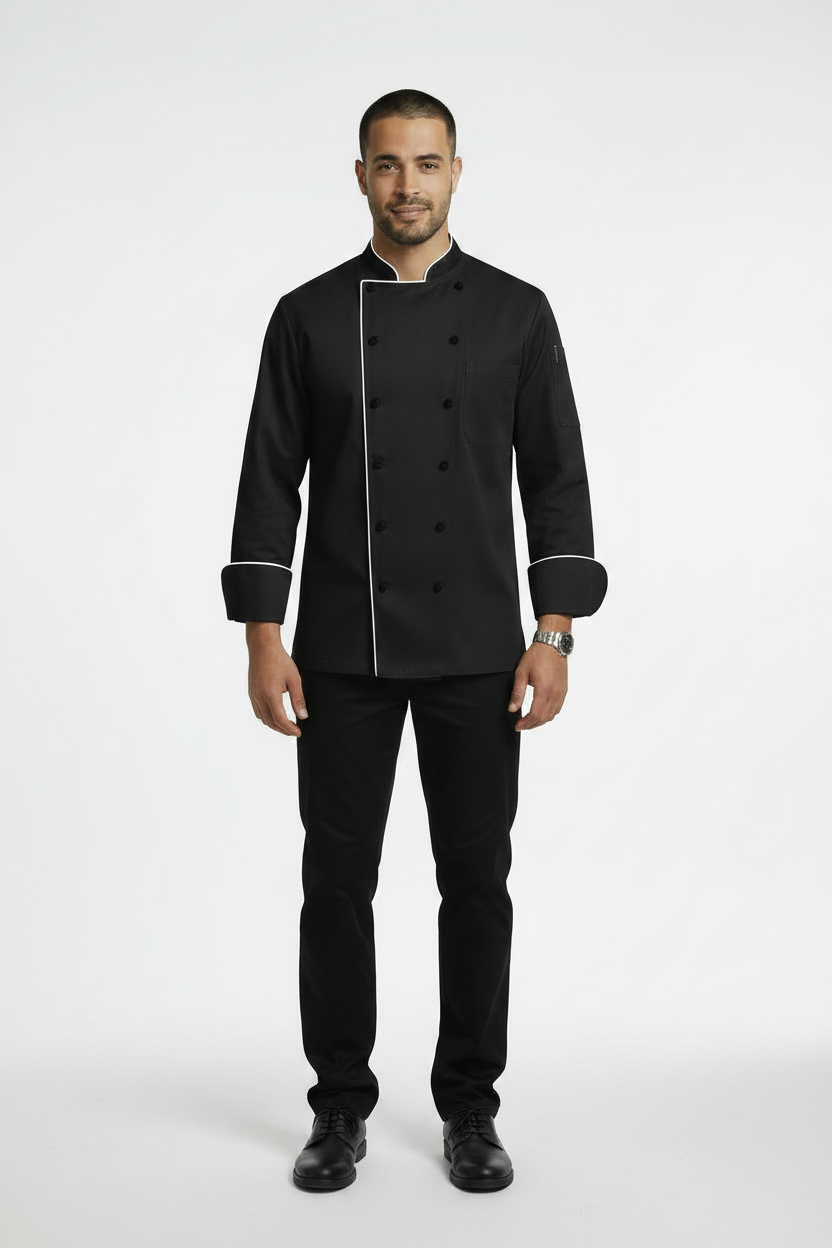 Traditional Chef Coat -BYO Black Piping White