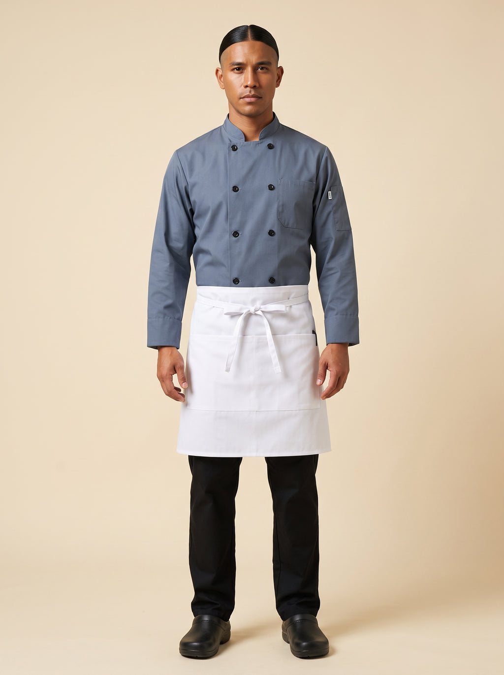 White Half Bistro Apron with Pockets Front