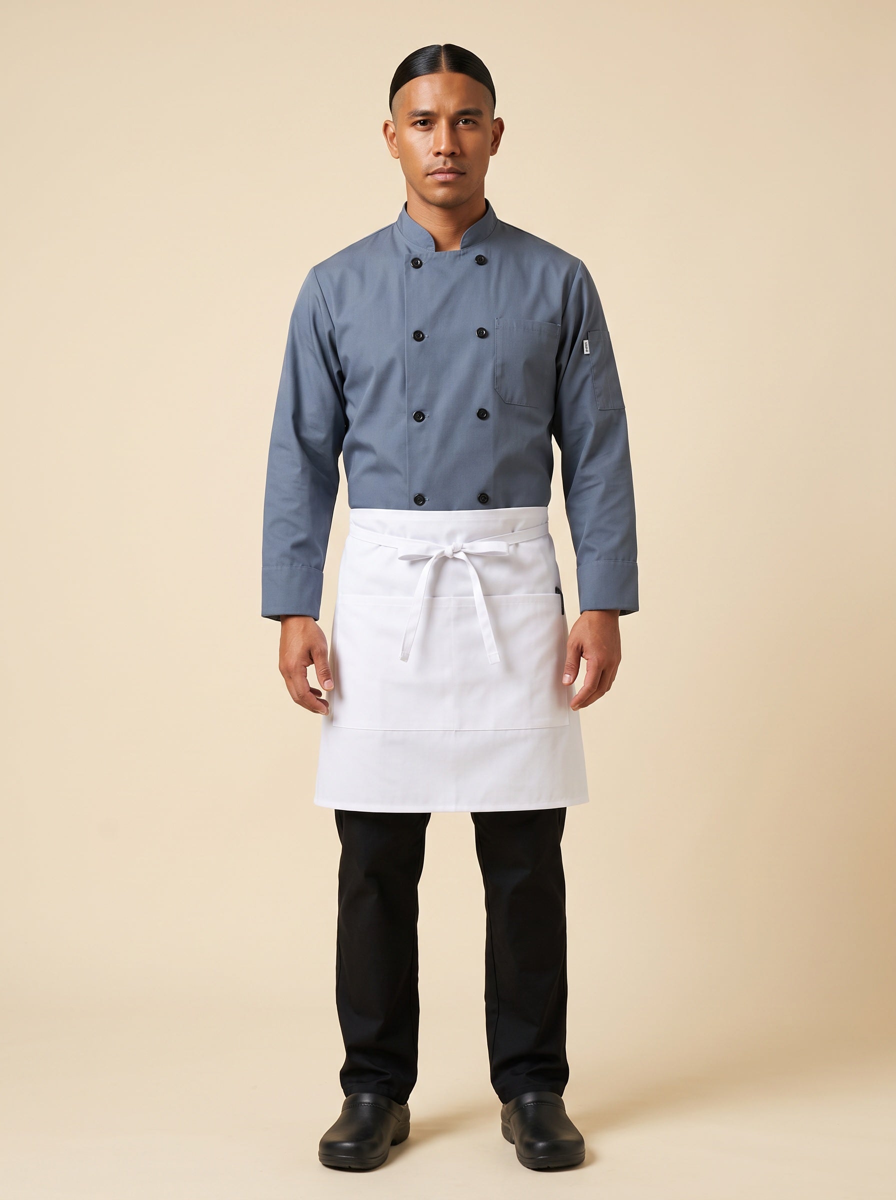 White Half Bistro Apron with Pockets Front