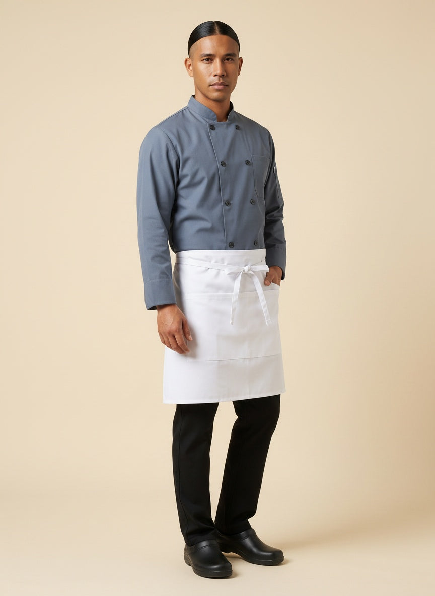 White Half Bistro Apron with Pockets Front 2