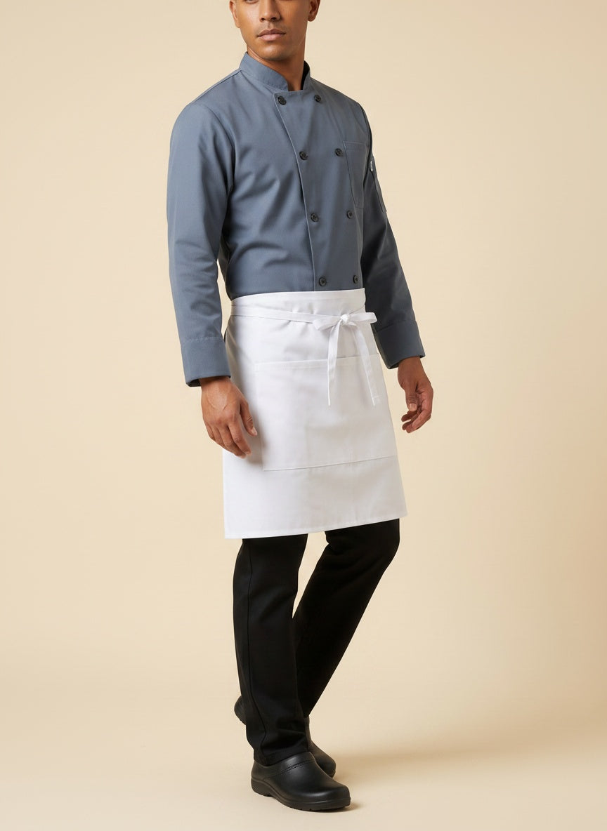 White Half Bistro Apron with Pockets Front 3