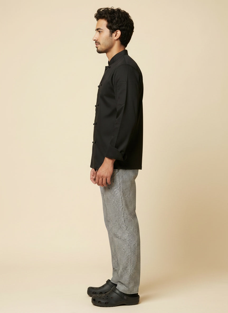 Traditional Chef Coat in Black Egyptian Cotton with Black Stud Buttons